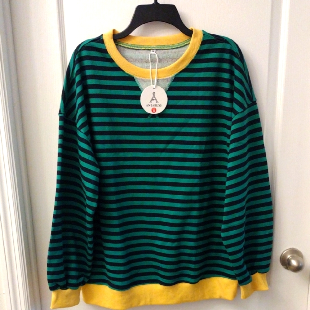 Anrabes Oversized Striped Sweatshirt Color Block, Size M - Picture 2 of 9